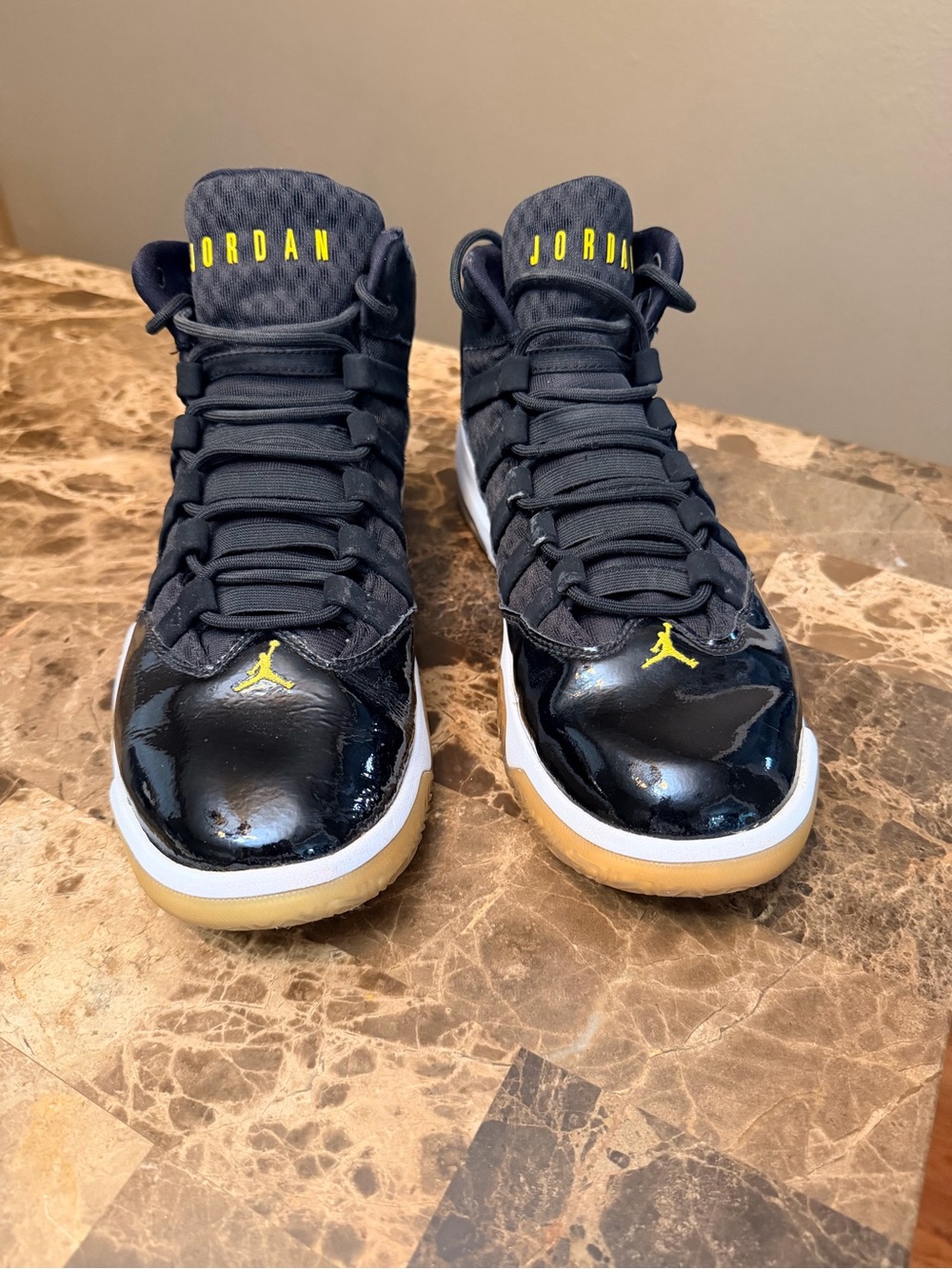 Jordan Max Aura Men's Black and Gold Patent Leather High-Top Sneakers 2019